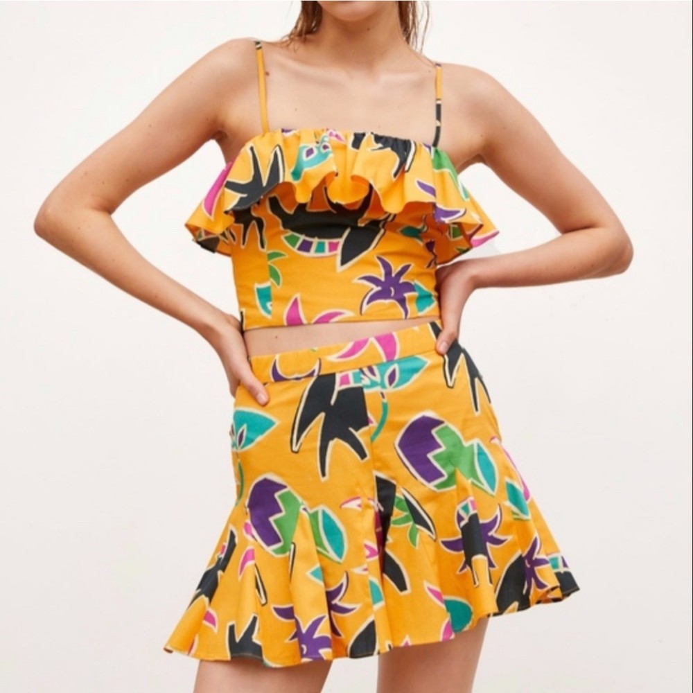 ZARA Ruffled Island Geometric Yellow Tank Top